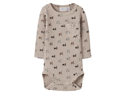 Name It Baby body i island fossil med print og brystlomme