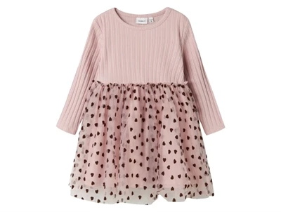 name it kjole i rosa nuance med tylskørt og brunt hjerteprint