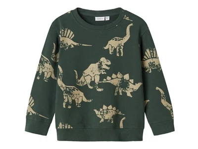 name it mini sweatshirt mørkegrøn med dinosaurprint