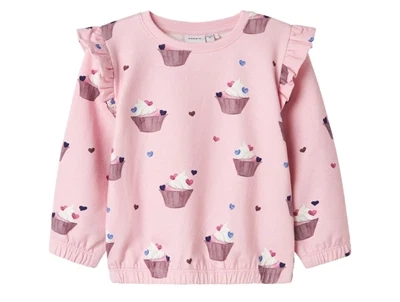 name it mini sweatshirt lyserød med cupcakeprint og flæser