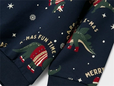 Detalje af dinosaur juleprint på navy sweatshirt fra Name It