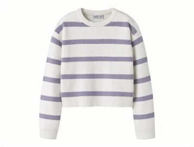 Name It striktrøje i cloud dancer med lavender gray striber set forfra
