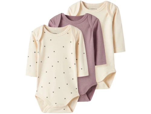 Name It body 3-pak i farverne summer sand og deauville mauve med hjerteprint