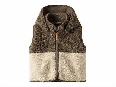 Lil' Atelier teddyvest i råhvid og brun med lynlås og hætte