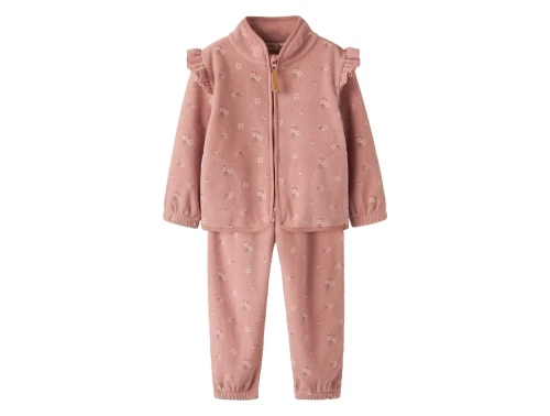 Lil\' Atelier fleecesæt pink med blomsterprint og flæser set forfra