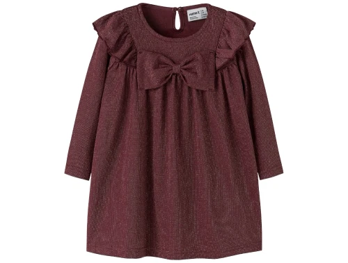 Name It kjole i burgundy med glimmer og sløjfe set forfra