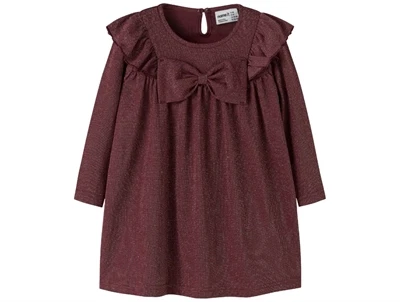 Name It kjole i burgundy med glimmer og sløjfe set forfra