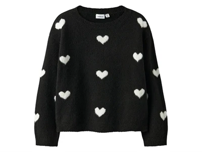 Name It striktrøje sort med hvide hjerter forside