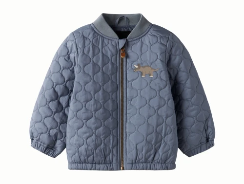 Name It quiltet jakke i blå nuance med dinosaurmotiv foran