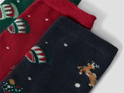 Detalje af juleprint på strømper fra Name It i navy og rød