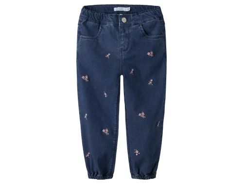 Name It jeans i mørkeblå med blomsterbroderi og elastikkanter
