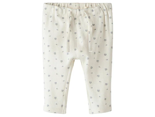 lil\' atelier bukser i råhvid med blåbærprint og bindebånd, set forfra