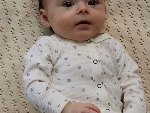 baby iført lil\' atelier heldragt med blåbærprint og lange ærmer