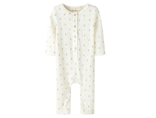 lil\' atelier heldragt i råhvid med små gule pærer og trykknapper, set forfra