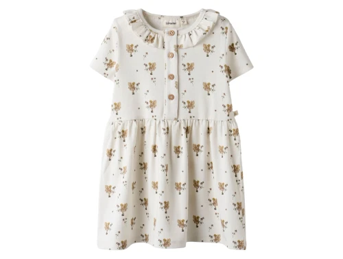 Lil\' Atelier kjole i råhvid nuance med blomsterprint set forfra