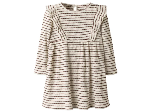 Lil\' Atelier MINI kjole i råhvid nuance med brune striber og flæsedetaljer