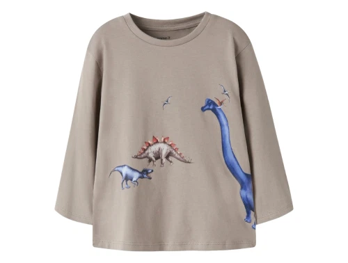 Name It bluse i grønlig beige nuance vintage khaki med dinosaurmotiv