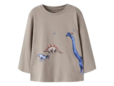 Name It bluse i grønlig beige nuance vintage khaki med dinosaurmotiv
