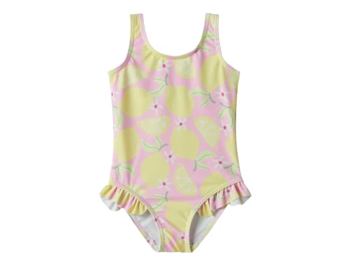 Name It badedragt i lyserød nuance med citronprint og flæser