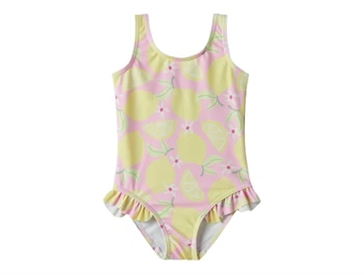 Name It badedragt i lyserød nuance med citronprint og flæser