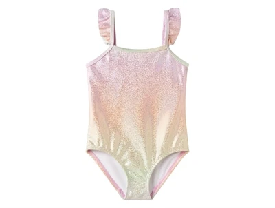 Name It badedragt i lyserød nuance med glittereffekt og flæser