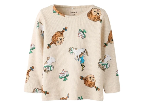 bluse i peyote melange fra Name It med Pippi Langstrømpe print