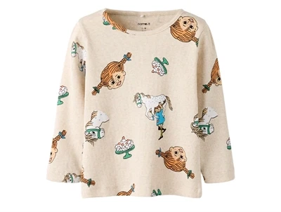 bluse i peyote melange fra Name It med Pippi Langstrømpe print