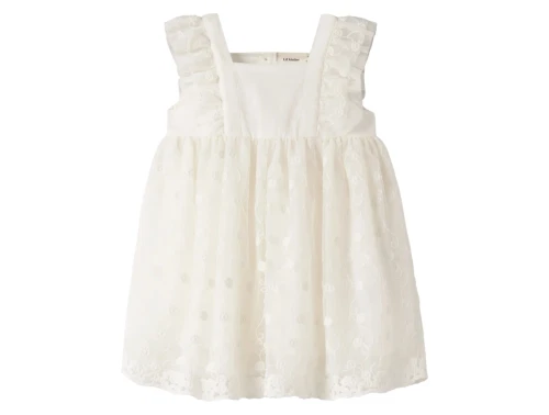 Lil\' Atelier kjole i rahvid nuance med tylbroderi set forfra