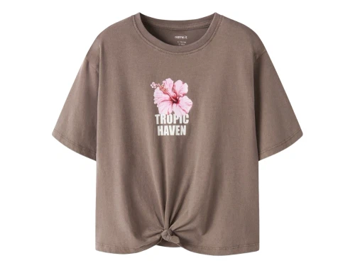 Name It t-shirt i brown lentil med blomsterprint og knude foran