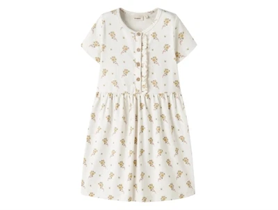 Lil' Atelier kjole i rahvid nuance med blomsterprint set forfra