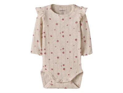 Name It body i beige nuance med jordbærprint og flæser