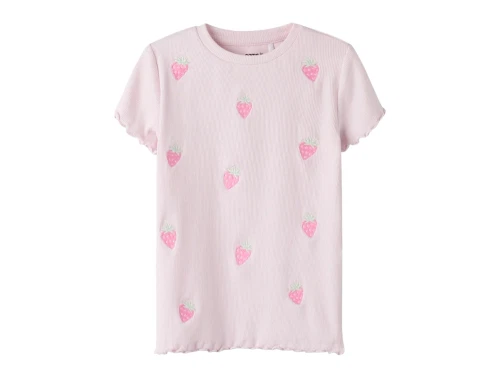 Name It t shirt i lyserød nuance med rib og broderede jordbær foran