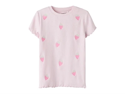 Name It t shirt i lyserød nuance med rib og broderede jordbær foran