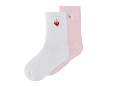 Name It strømper i hvid og lyserød med jordbær og blomst broderi 2 pak