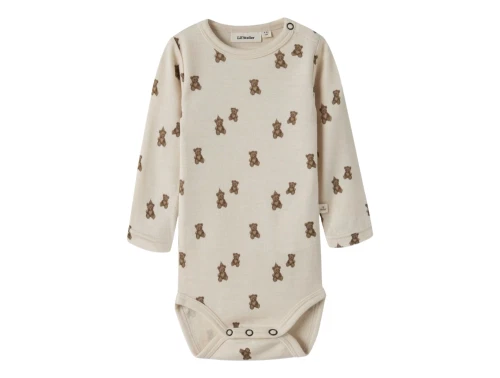 Lil\' Atelier merinould body i råhvid nuance med bamseprint