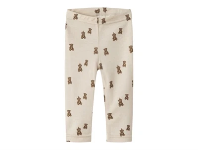 Lil' Atelier merinould leggings i råhvid nuance med bamseprint
