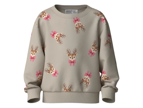 Name It sweatshirt i råhvid med rensdyrprint og lyserøde sløjfer