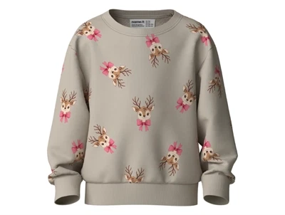 Name It sweatshirt i råhvid med rensdyrprint og lyserøde sløjfer