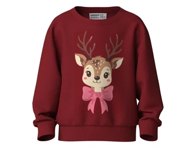 Name It sweatshirt i mørkerød med rensdyr og lyserød sløjfe