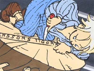 Detalje af Emil fra Lønneberg print på Name It bluse i mørkeblå
