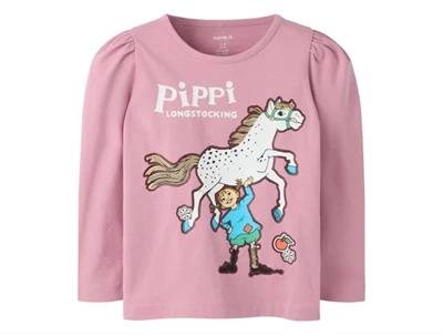 Name It bluse i lyserød med Pippi Langstrømpe på hest