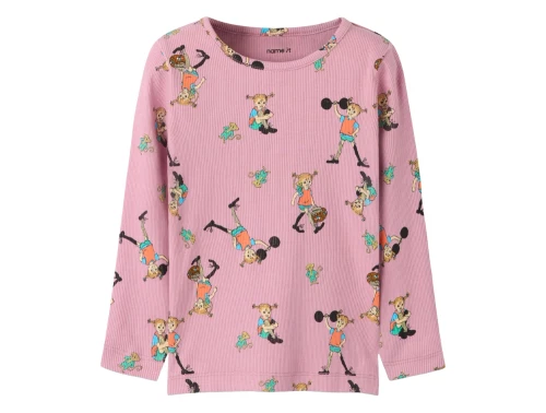 Name It ribbluse i lyserød med Pippi Langstrømpe allover print