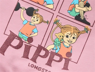 Detalje af Pippi Langstrømpe print med glimmer på Name It sweatkjole i lilas