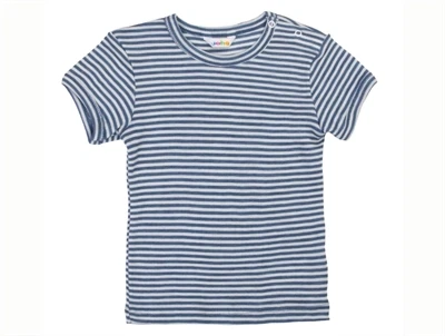 Joha bluse i blå og råhvid strib med korte ærmer i uld og silke