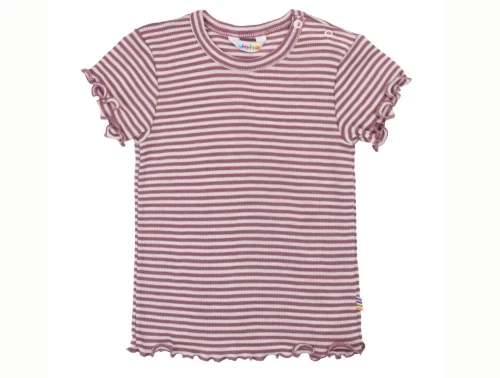 Joha bluse i heather nuance med smalle striber og flæsekant i uld og silke