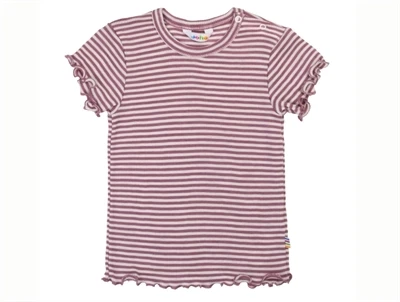 Joha bluse i heather nuance med smalle striber og flæsekant i uld og silke