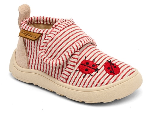 Bisgaard basic hjemmesko i råhvid med røde striber og mariehøne broderi Bisgaard hjemmesko med velcro og broderede mariehøner