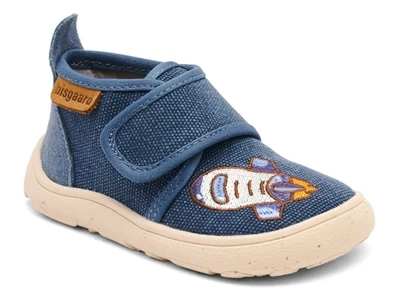 Bisgaard basic hjemmesko i blå nuance med raket broderi Bisgaard hjemmesko med velcro og broderet rumraket