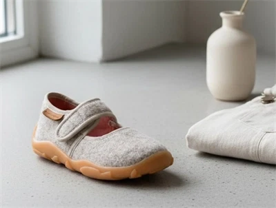 Bisgaard Maddy hjemmesko sandfarvet uld med velcro
