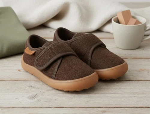 Bisgaard Pav hjemmesko brun uld med velcro og gummisål